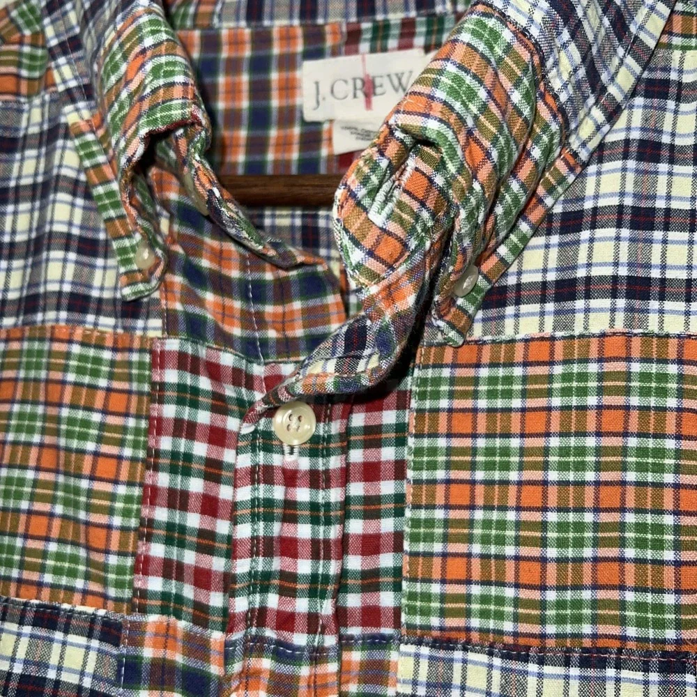 Vtg J. Crew Oarsman Multicolor Patchwork Madras Plaid Button Down Shirt Men XL